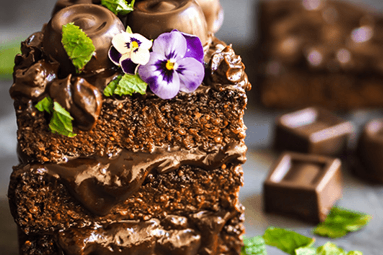 egg free chocolate cake garnish with chocolates and flowers